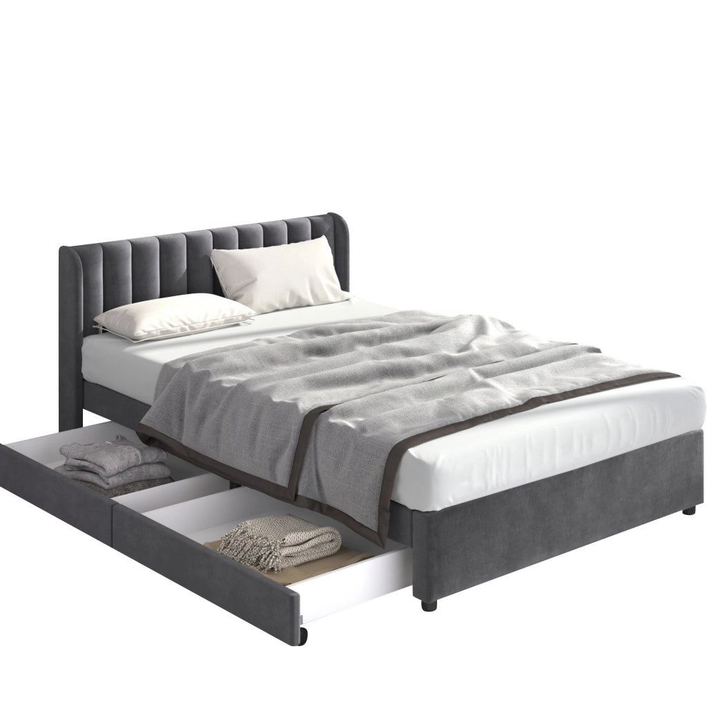 Letto imbottito in velluto grigio 160 x 200 cm con 2 cassetti