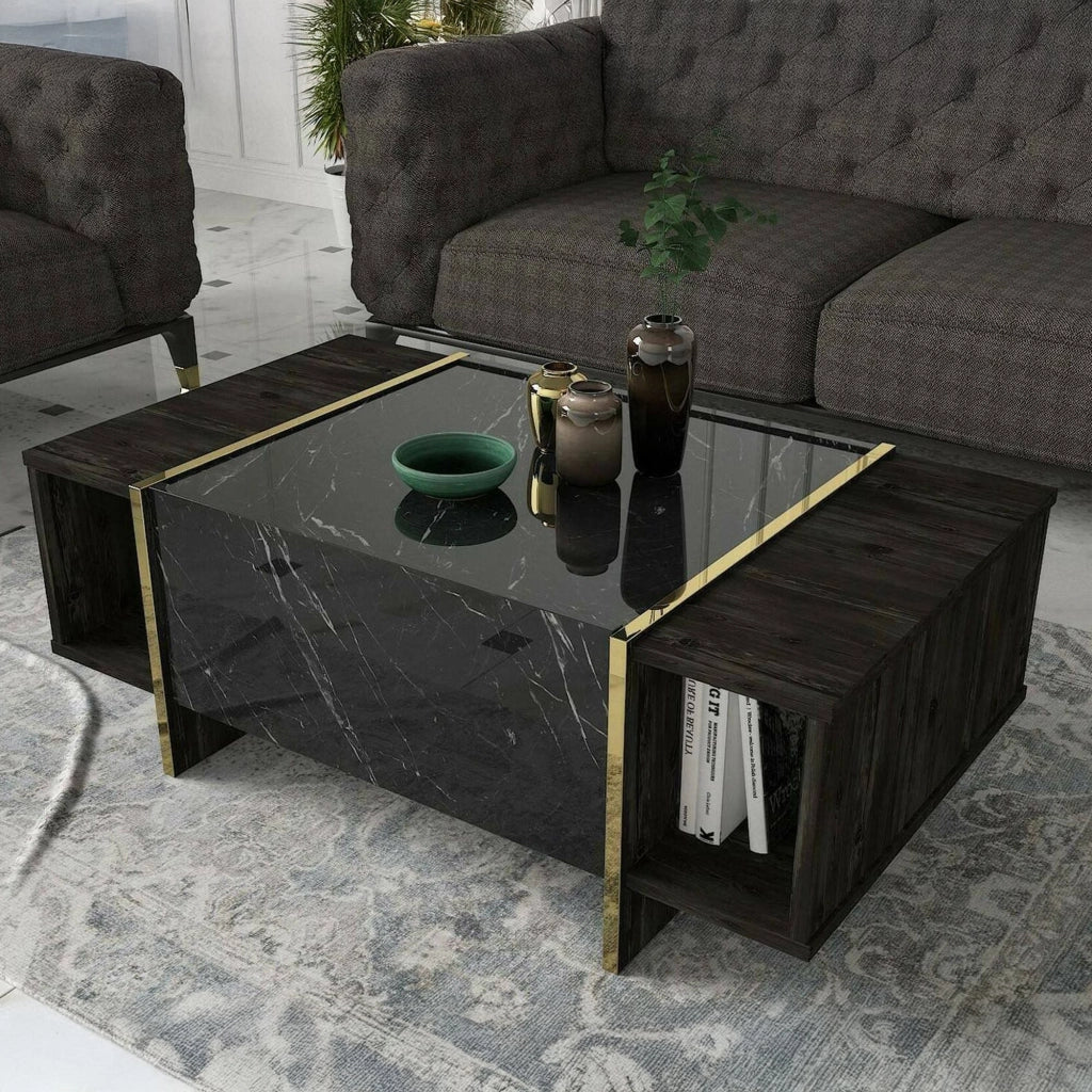 Tavolino da salotto Salvador, Tavolo basso da caffè, Portariviste per divano, Ripiano da soggiorno, 104x60h37 cm, Nero e Oro