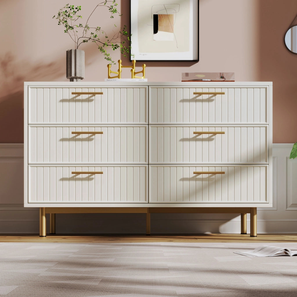 Comò con 6 cassetti moderno 120x40x75 cm in truciolare bianco con base in metallo