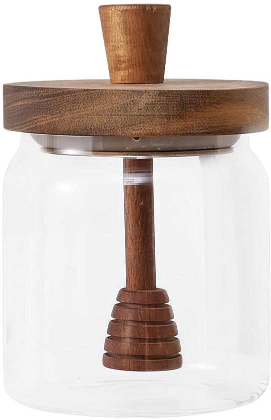 Pentola di miele in vetro da 400 ml con coperchio in legno e cucchiaio - ermetico e ampio