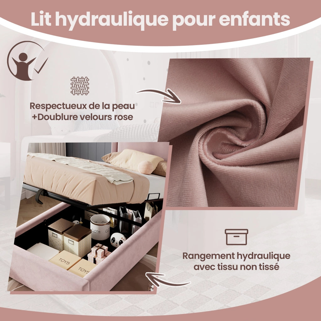 Letto Contenitore Singolo 90 × 190 cm con Vano Contenitore; senza Materasso; Velluto Rosa