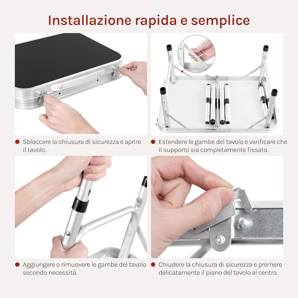 Tavolino Pieghevole Regolabile in Altezza 25/36/50/60 cm, Tavolo da Esterno con Ripiano in Rete Metallica, Piano in MDF 60x40 cm, Telaio in Metallo, per Campeggio, Barbecue, Giardino,Nero
