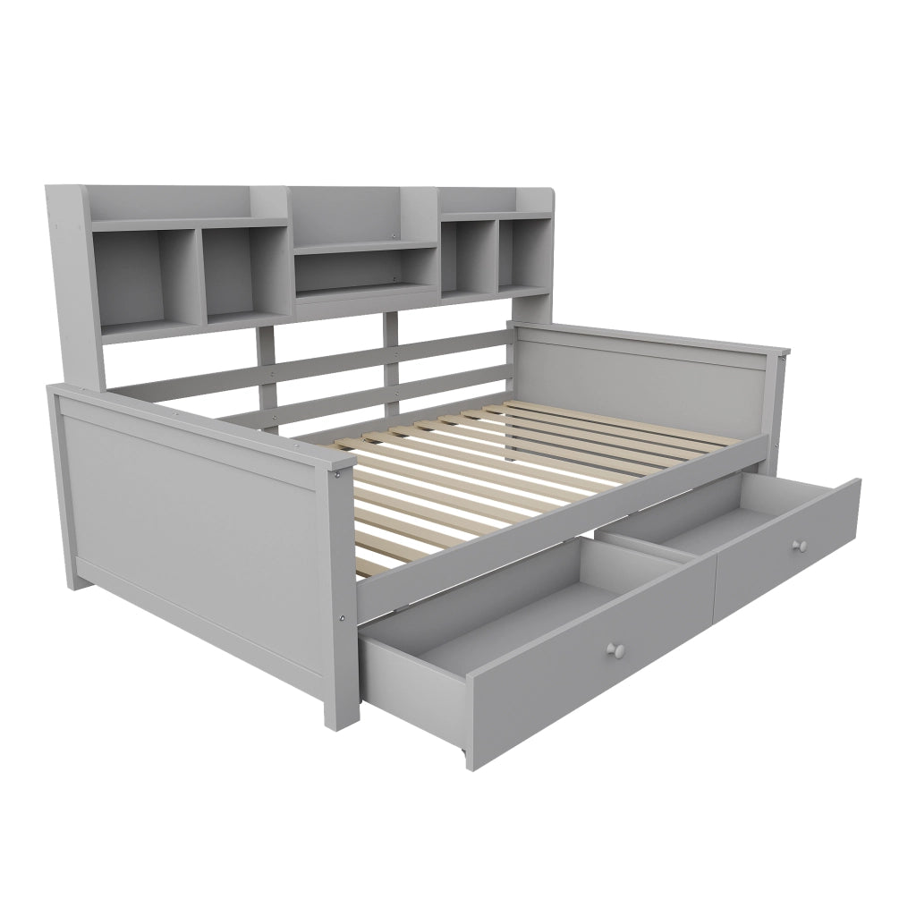 Divano letto con 2 cassetti e vani portaoggetti in legno massiccio per cameretta e ragazzi, grigio 90 × 200 cm