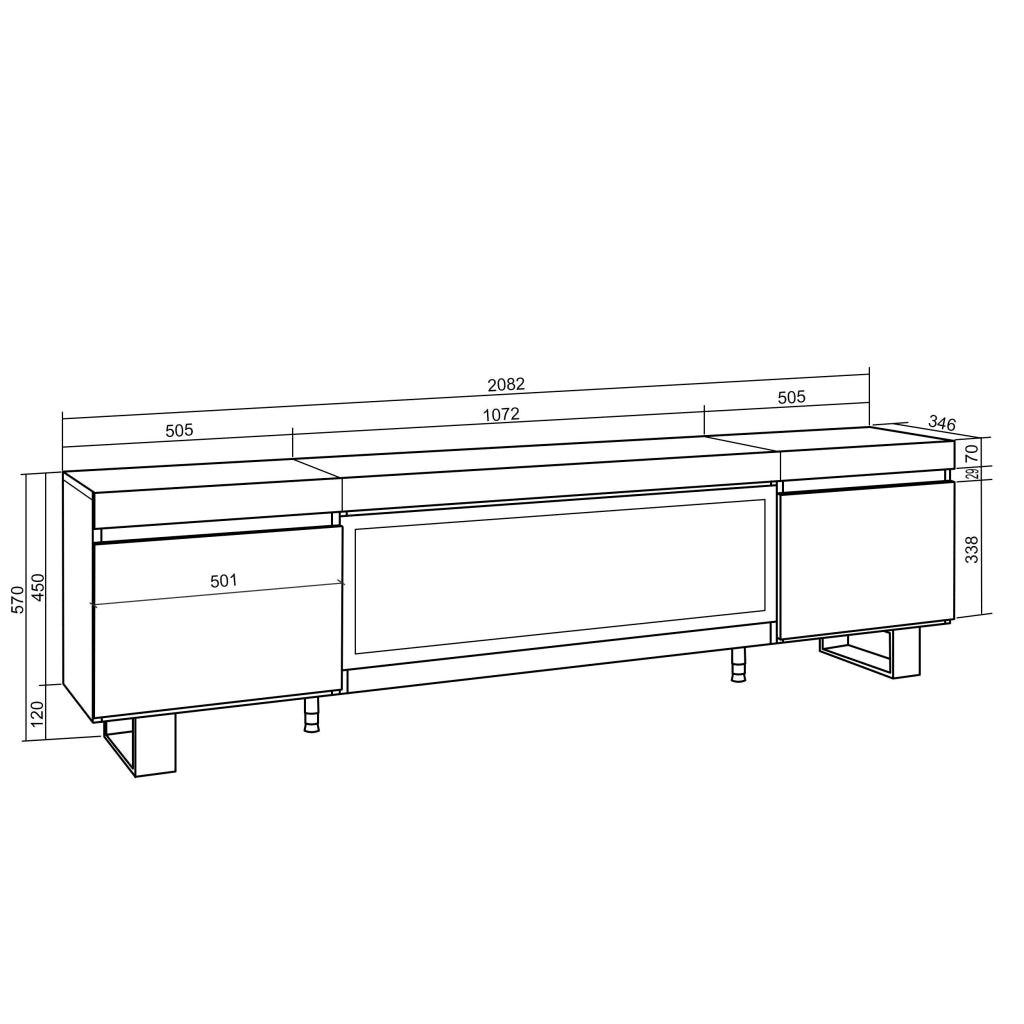 Mobile TV, Soggiorno, 208x35x57cm, Per TV fino a 80", Camino elettrico XXL, Design industriale, grigio cemento RF3211