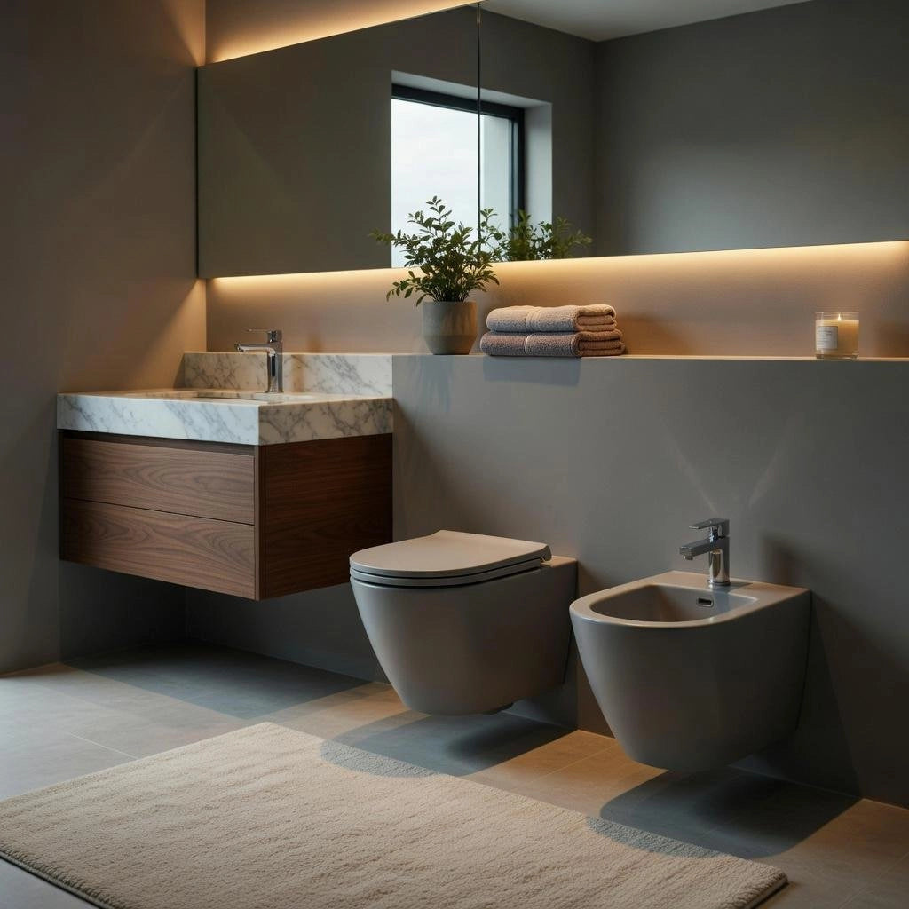 Sanitari sospesi opaco FEELING Rak Ceramics: vaso, bidet, copriwater soft-close Grigio Opaco