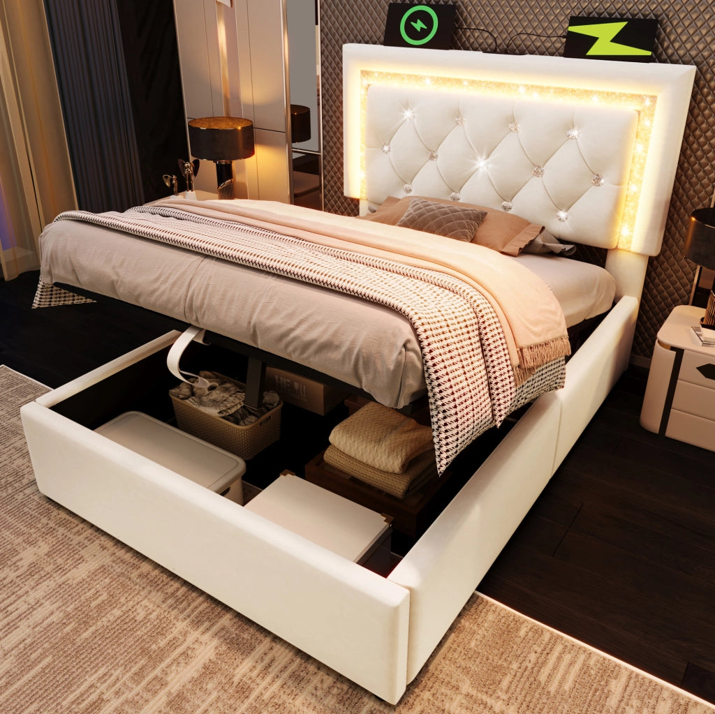 Letto imbottito ULEVR 90x200 cm con materasso, contenitore idraulico, LED, USB e Type-C, velluto beige