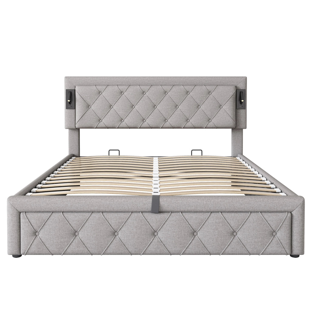 Letto imbottito contenitore con Downlight e USB; rete a doghe in legno; lino grigio