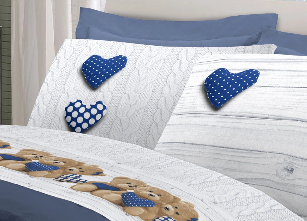 Completo Lenzuola Linea Pensieri Delicati 100% Cotone Disegno New Orsetti - Matrimoniale - Blu