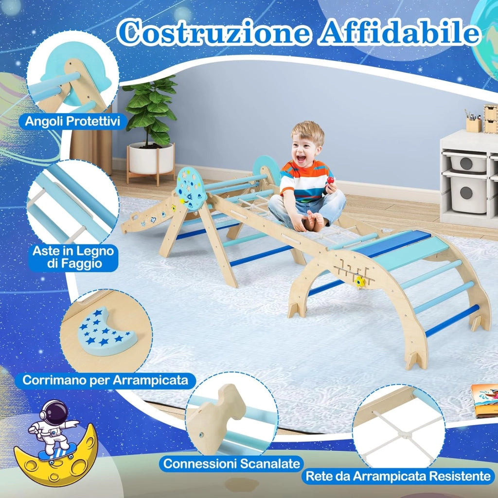 8 in 1 Set da Arrampicata per Bambini, Giocattoli da Arrampicata in Legno con Triangolo Arco Rampa e Corda, Giochi Montessori per Bambini 1 Anni + (Astronauta 4 pezzi, Blu)