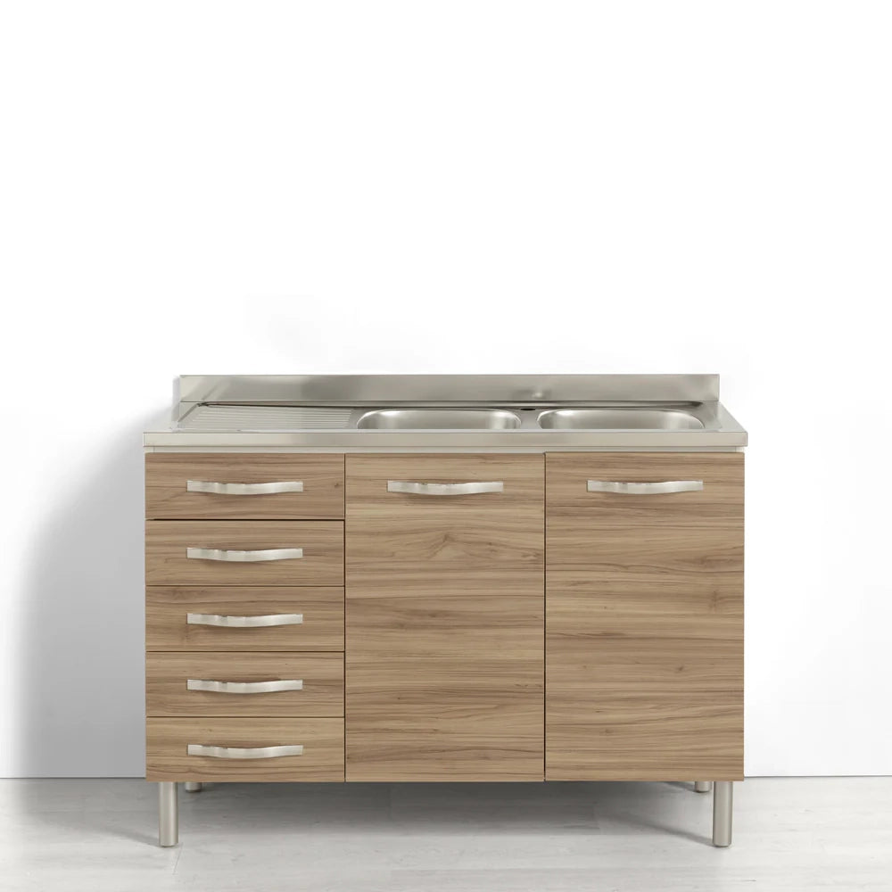 Sotto lavello + Lavello Vs DX per cucina componibile da 120 cm con due ante e 4 cassetti (+1 estetico) linea MAKA, realizzata in legno 100% MADE IN ITALY, colore Noce