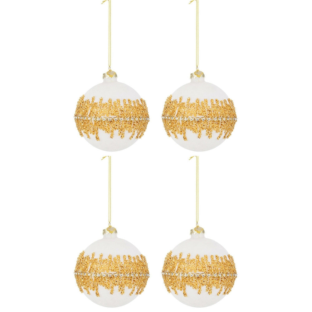 Palline di Natale in Vetro Bianco Velluto Oro Luxury Diametro: 100 mm