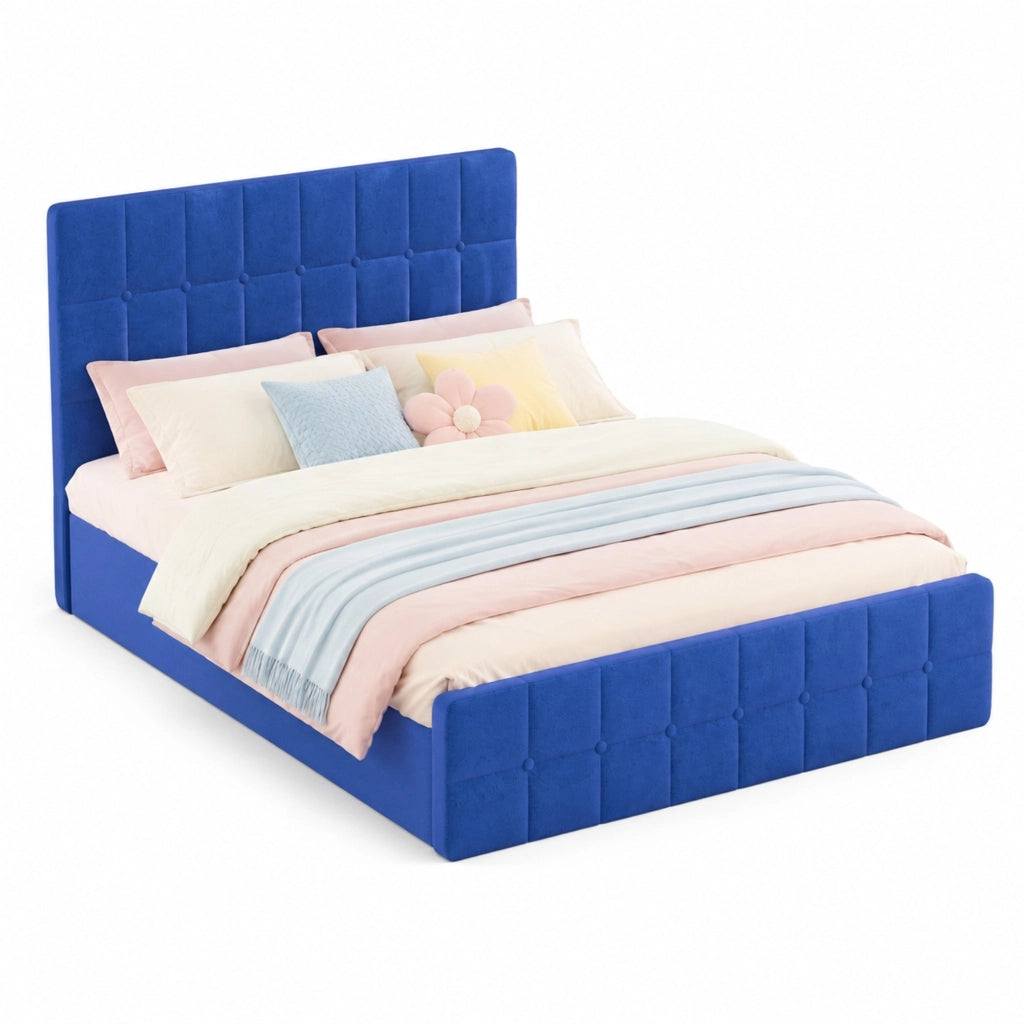 Letto imbottito 140x200 cm in velluto blu con testiera capitonné