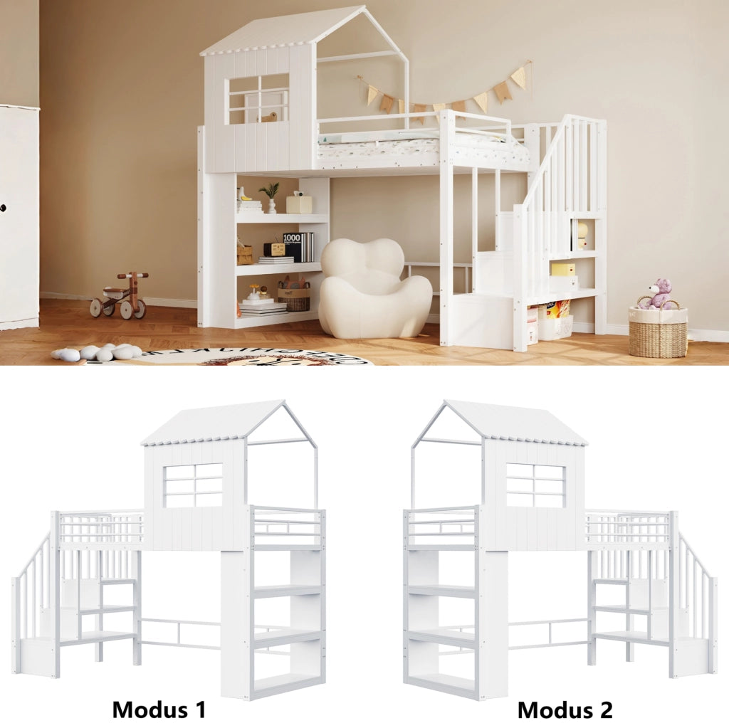 Letto a soppalco multifunzione 90x200 cm con scala contenitore; ripiani integrati; bianco