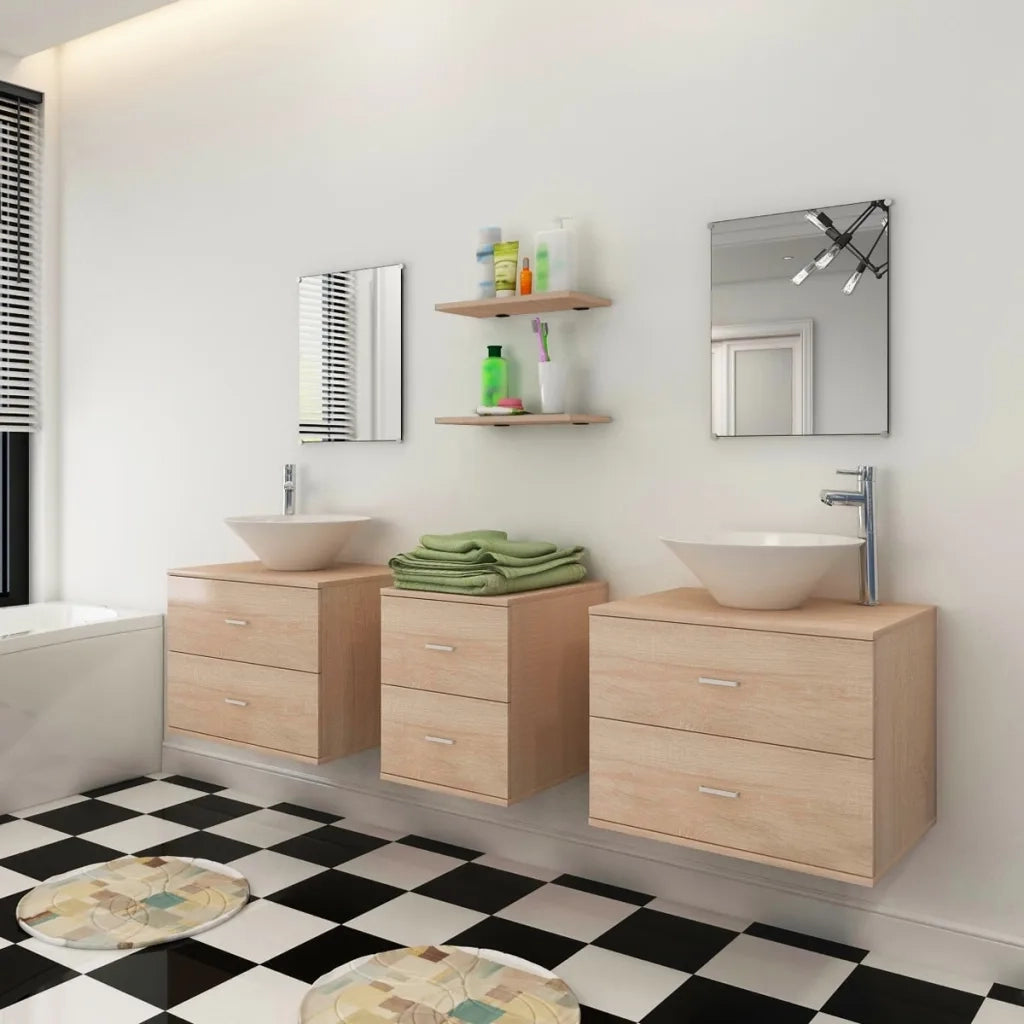 Set Mobili per Bagno 9 pz con Lavandino e Rubinetto Beige cod mxl 10387