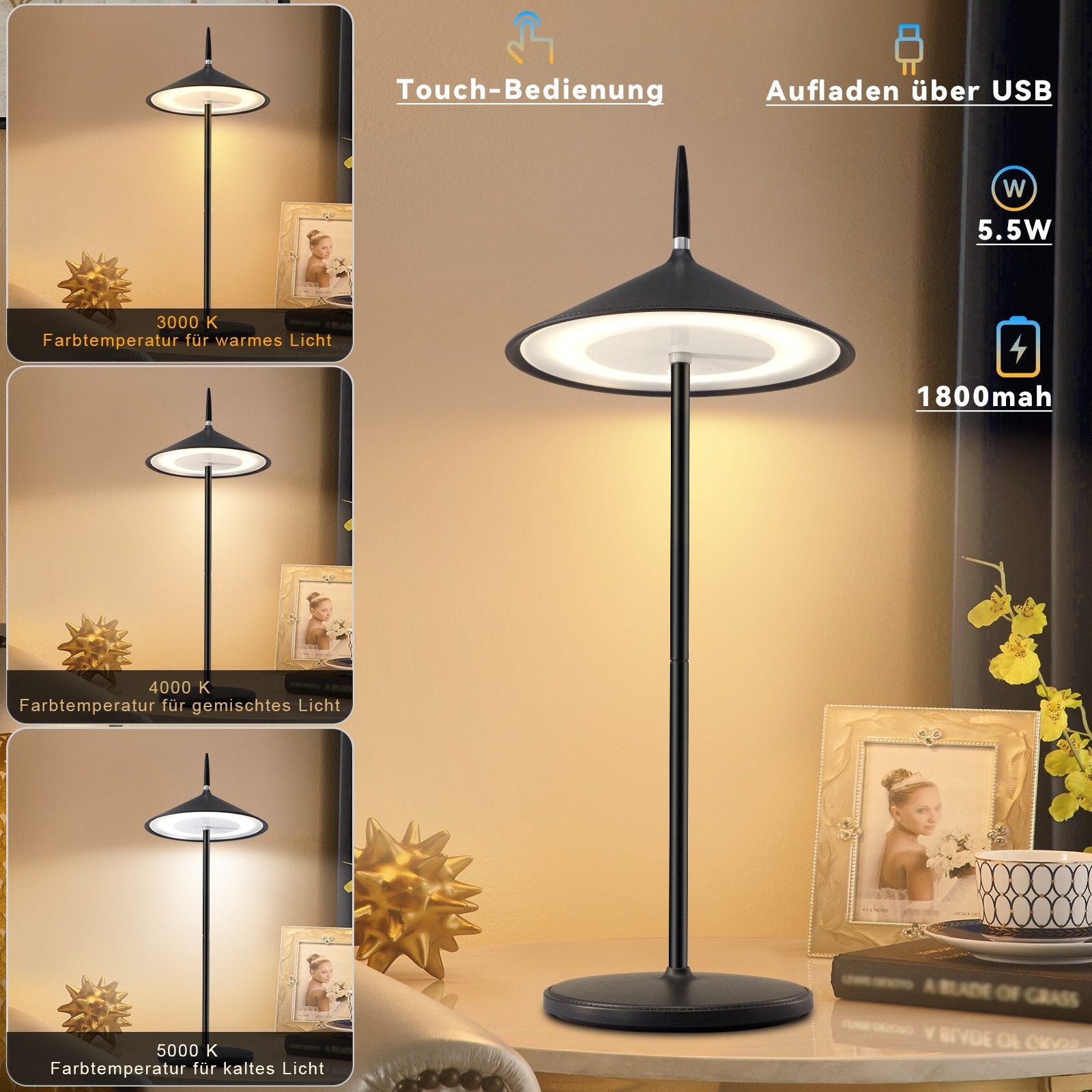 ZMH Lampada da tavolo LED moderna ricaricabile touch dimmerabile per esterni giardino