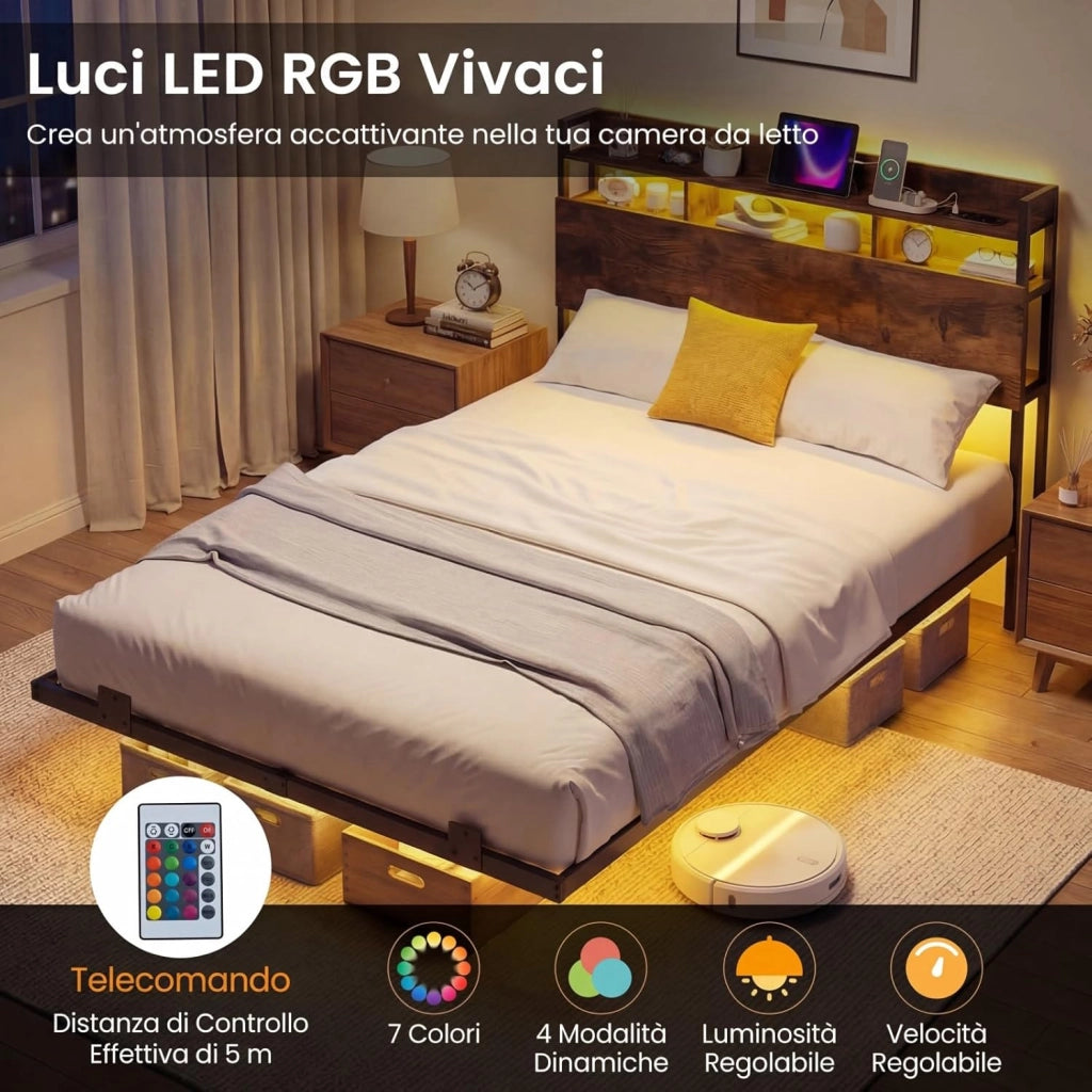Letto Matrimoniale 140 x 200 cm, Struttura Letto Fluttuante con Luci LED e Stazione di Ricarica, Telaio Industriale in Metallo con Testiera Contenitore, Silenzioso