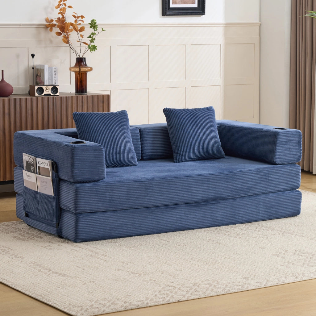 Divano letto pieghevole convertibile in velluto a coste con braccioli, tasche laterali e portabicchieri, blu scuro