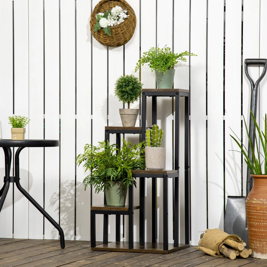 Porta piante a 4 livelli in legno truciolare marrone 40x40x81 cm, scaffale salvaspazio per interni e esterni
