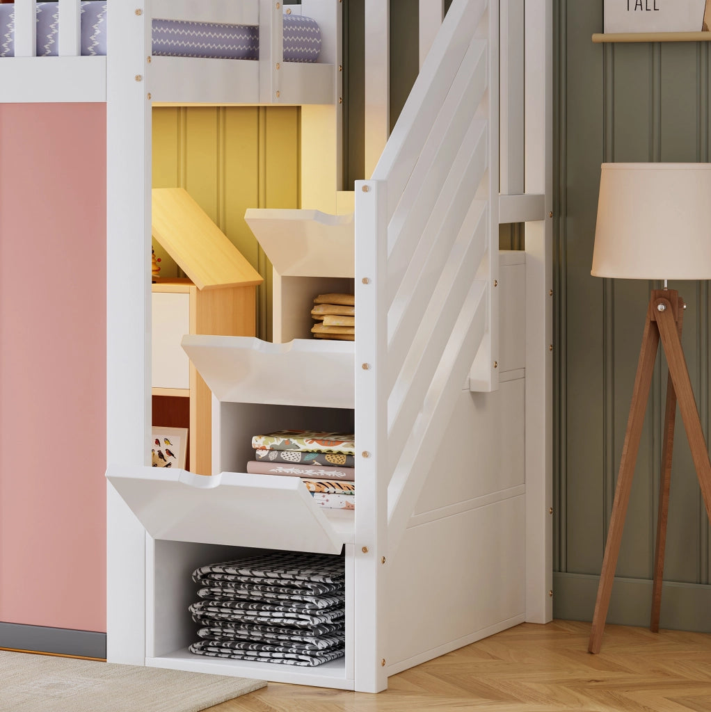 Letto a soppalco per bambini 90x200 cm bianco e rosa con scala contenitore, illuminazione LED e area gioco