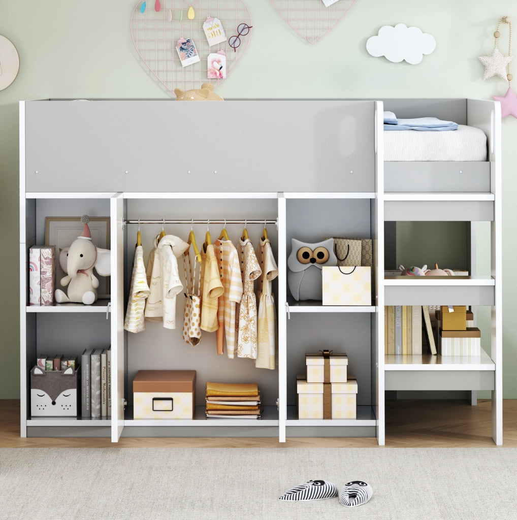 LETTO A CASTELLO 90 x 200 cm con scala, ripiani e armadio, grigio