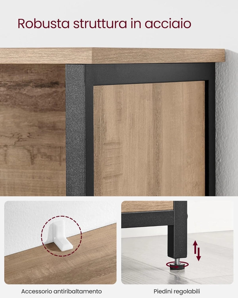 VASAGLE Mobiletto, Credenza, Libreria, 2 Ripiani Aperti e Scomparto con Ripiano Interno Regolabile, Telaio in Acciaio, per Salotto Cucina Studio, Marrone Rovere e Nero LSC066B50