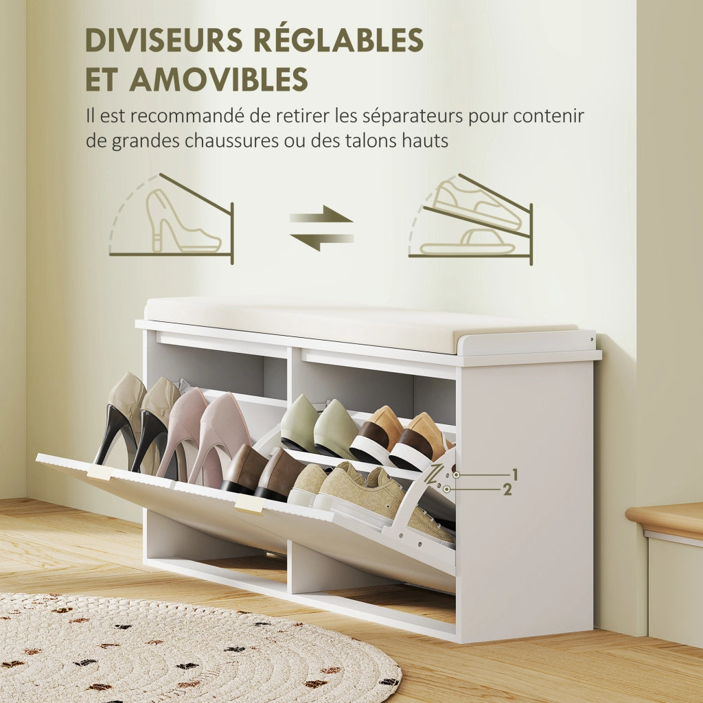 Banca porta scarpe con cuscino e cassetto ¨C Zephmum ¨C Bianco 104x26x47.5 cm