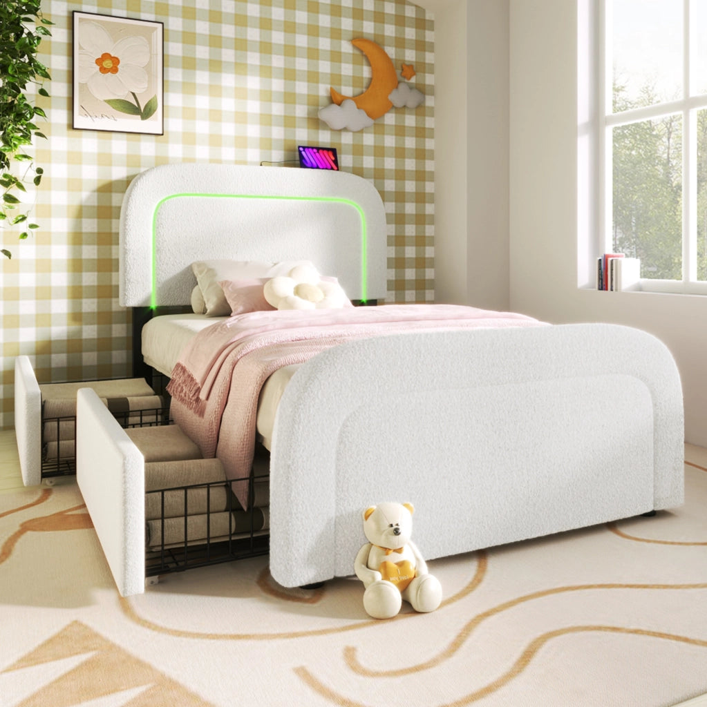 Letto singolo 90x200 cm con LED; USB C e 2 cassetti; tessuto sherpa bianco