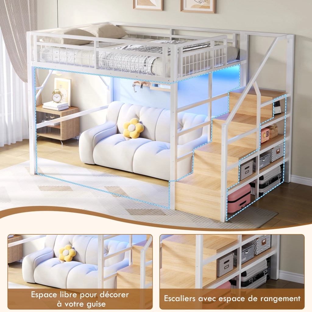 OKWISH Letto a Soppalco 140×200 cm, Letto Matrimoniale con LED Regolabile, Scala Contenitore e Spazio sotto Letto, senza Materasso, Bianco