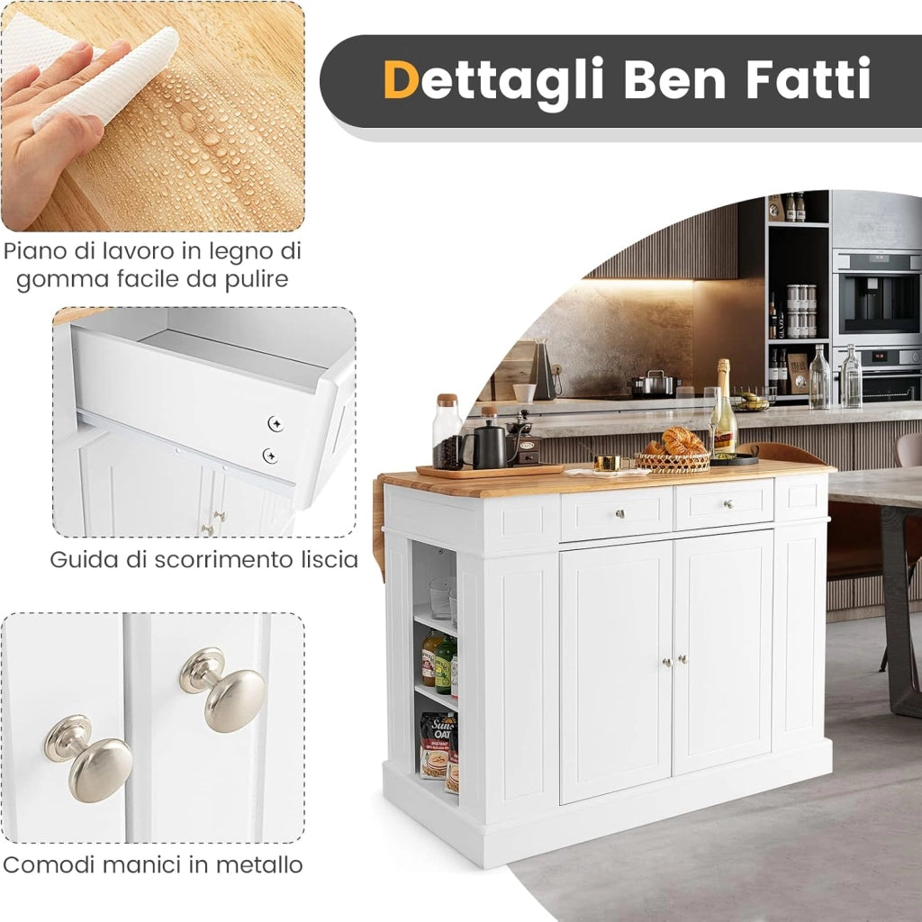 Credenza da Cucina in Legno, Isola da Cucina con Contenitore, con Ripiani Regolabili a 3 Livelli, 120 x 61 x 92 cm, Carico 200 kg (Bianco)