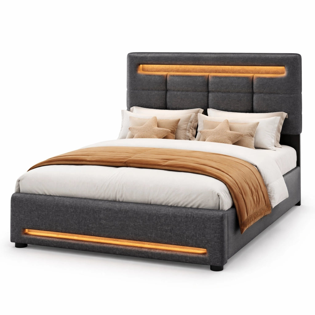 Letto imbottito 90x200 cm in lino grigio con LED APP; vano contenitore idraulico e porta USB