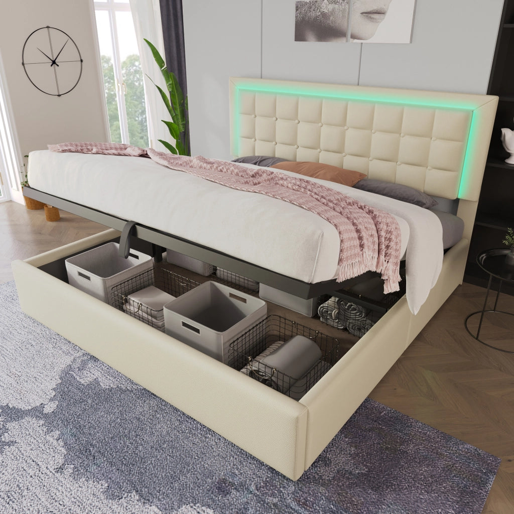 Letto matrimoniale contenitore 160x200 cm con LED, rete a doghe e rivestimento in PU bianco