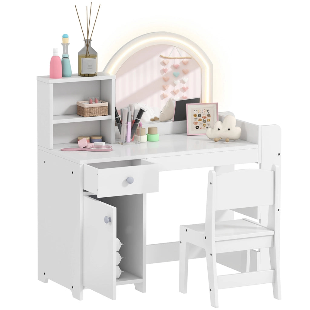 Toeletta Trucco Bambina con Specchio LED e Sgabello ¨C Xylo ¨C Bianco 1 Cassetto 5 Ripiani