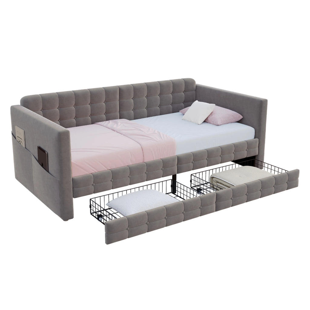 Letto imbottito 90x190 cm con 2 cassetti; tasche laterali e rivestimento in velluto grigio