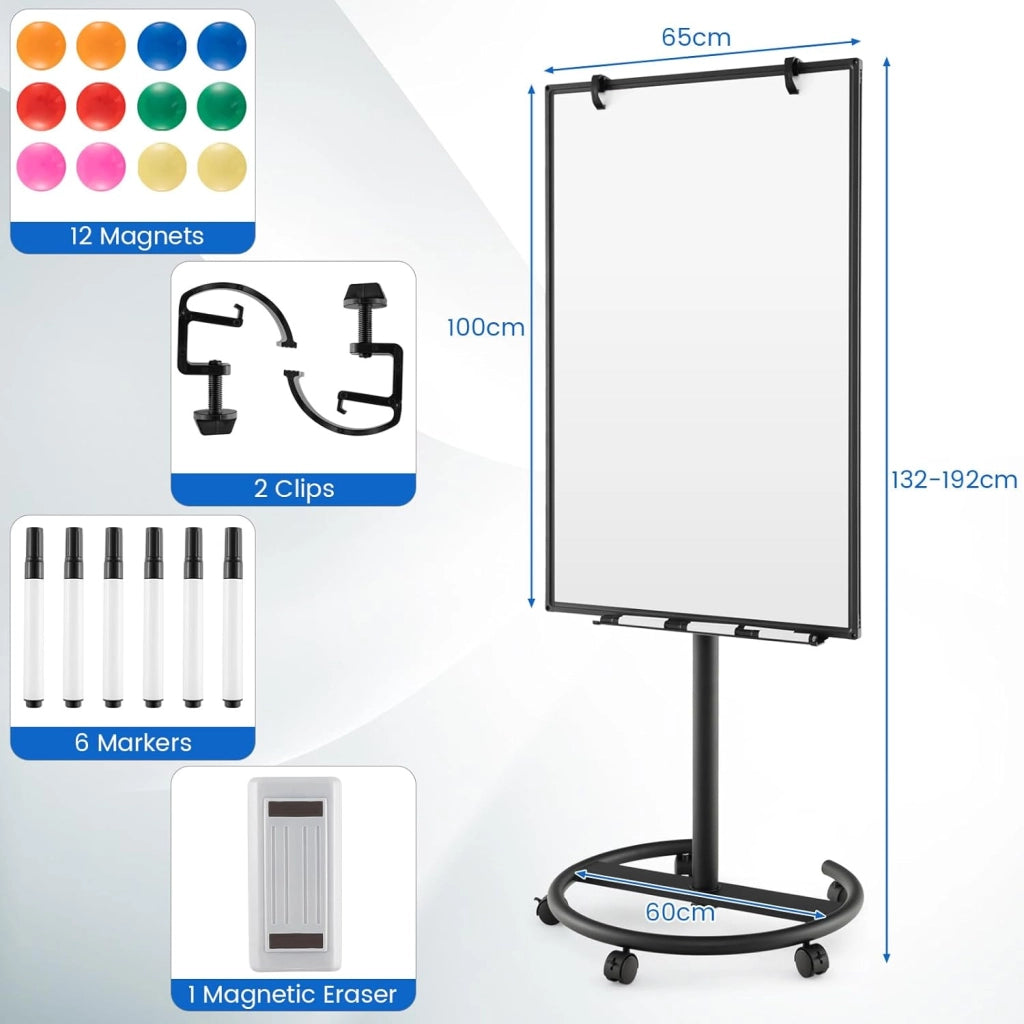 Lavagna Magnetica, Regolabile in Altezza e Ripiano per Penne, Cancellabile a Secco, 65x100 cm