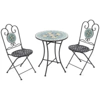 Set da Giardino 3 Pezzi con Mosaico, Tavolino e 2 Sedie Pieghevoli, Verde