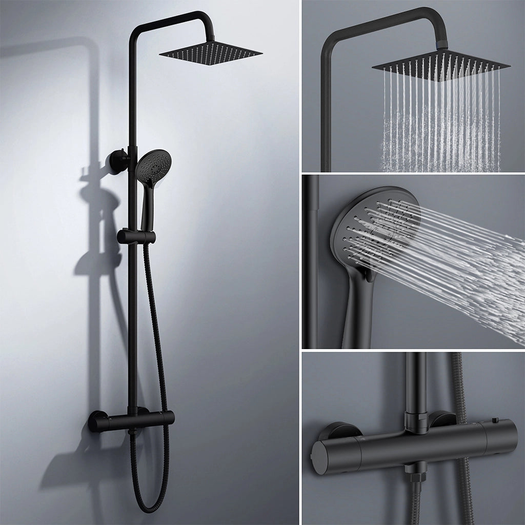 colonna doccia rotonda completo di miscelatore termostatico cilindro, soffione quadrato 20x20cm, nero