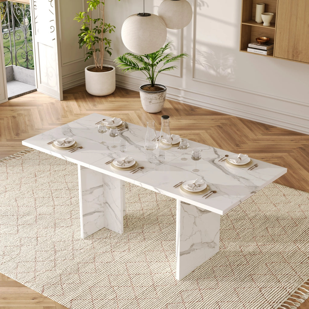 Tavolo da pranzo allungabile per 6-8 persone con piano spesso e gambe a t, per cucina e soggiorno, bianco marmo