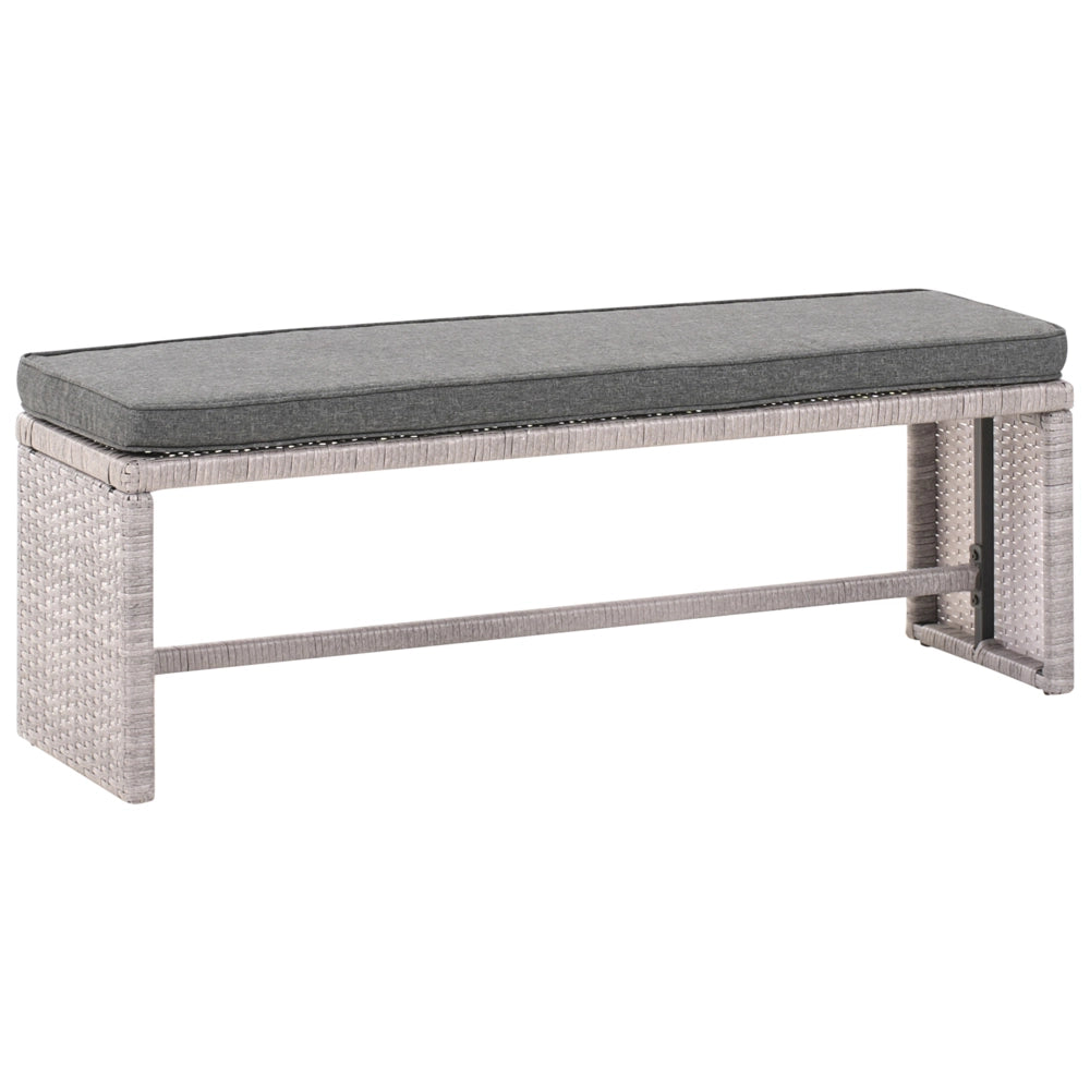 Set da pranzo ad angolo da giardino grigio finto rattan con cuscini divano panca tavolo rettangolare piano in vetro 80 x 145 cm vimini