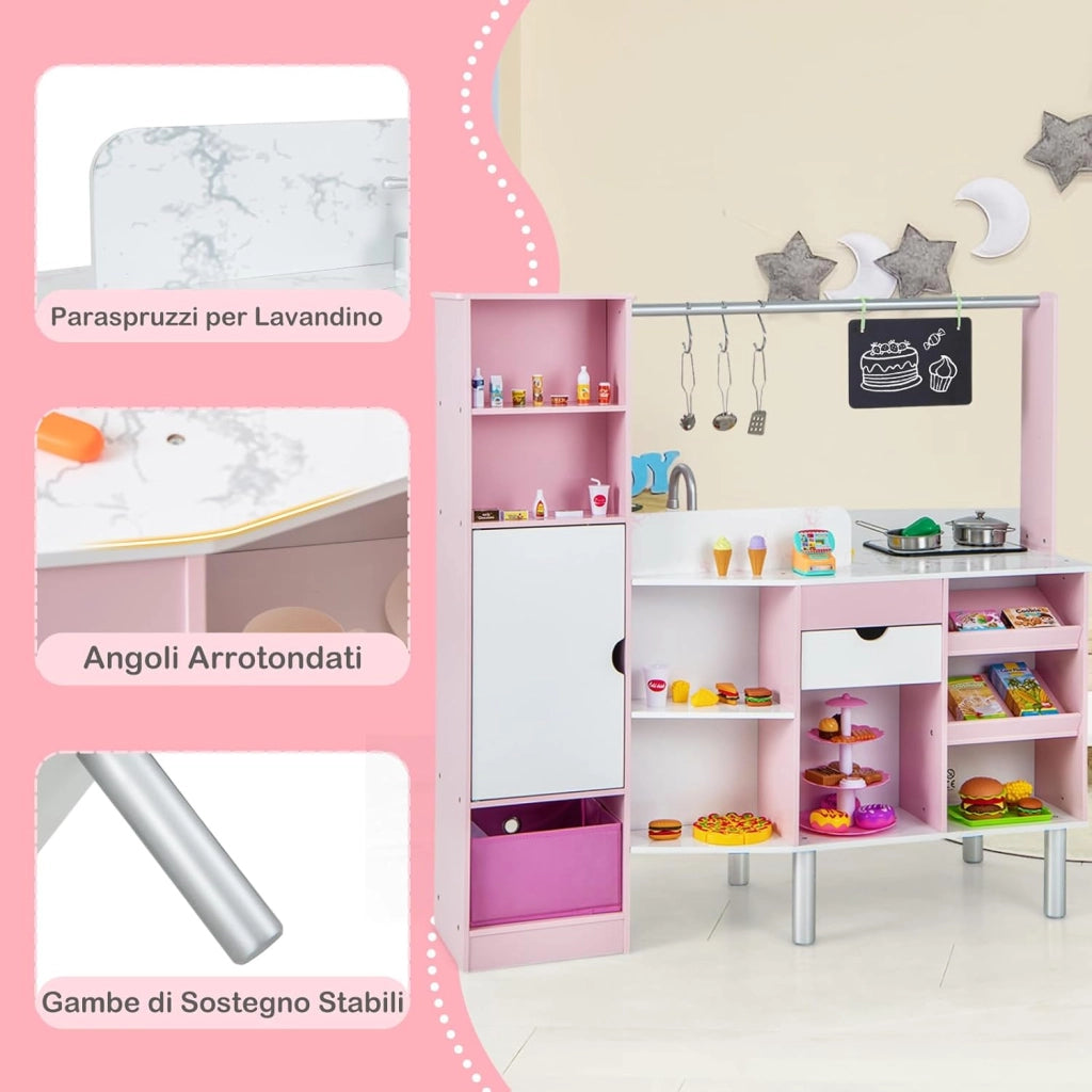 Cucina e Mercato per Bambini 2 in 1, Cucina Giocattolo per Bambini con Luci e Suoni, Produttore di Ghiaccio e Lavagna, Ideale per Bambini 3 Anni+