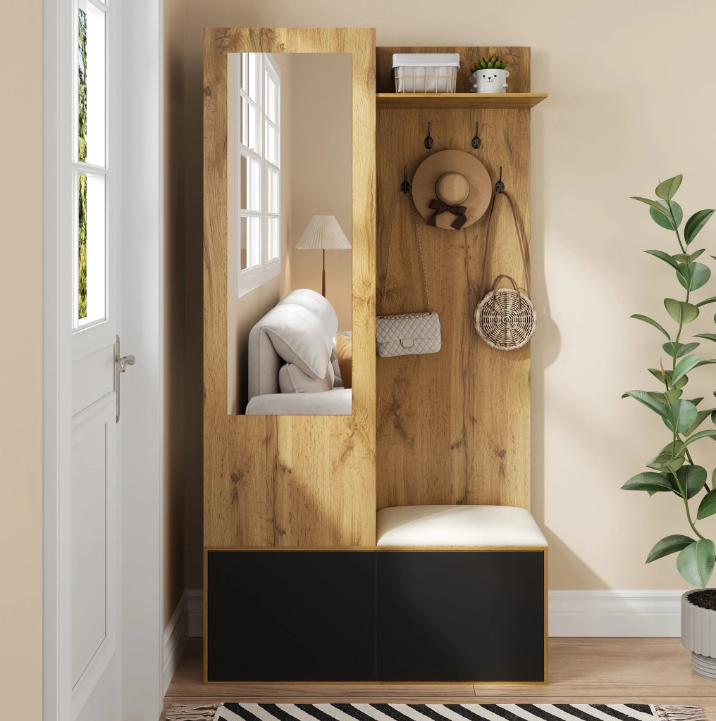 Mobile ingresso con specchio; scarpiera e panca 100x38x191 cm in MDF nero e naturale