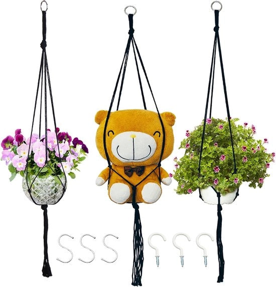 Set di tre sostegni per piante in macramé con piede e set di 6 uncini e 3 pennelli per lavorazione con filo di cotone per decorazioni boho per interni e esterni, patio e giardino.