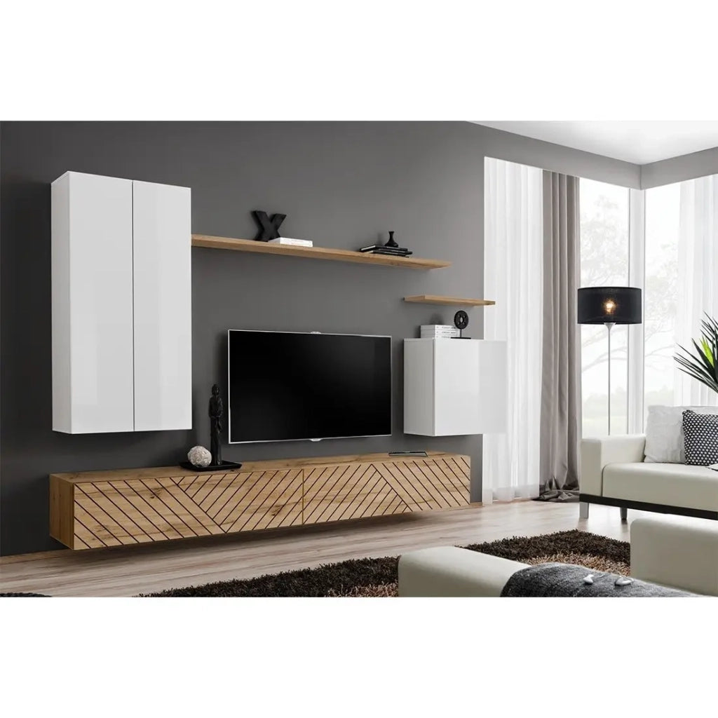 Set mobile soggiorno SWITCH II design, colore bianco e rovere wotan. Finiture in bianco lucido e rovere fresato.