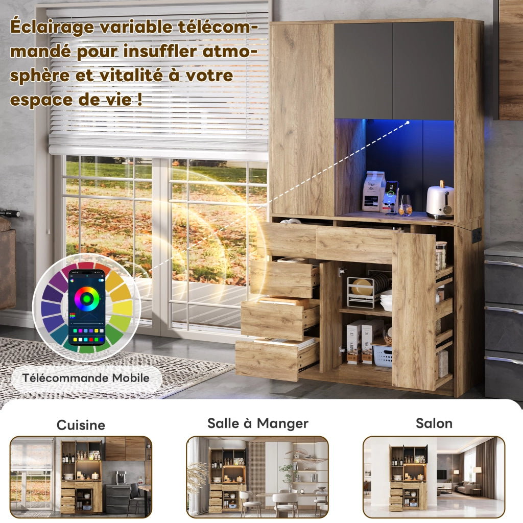 Credenza da cucina con ripiani regolabili; LED e prese - per cucina - in MDF - 185x105x40 cm - nero e naturale