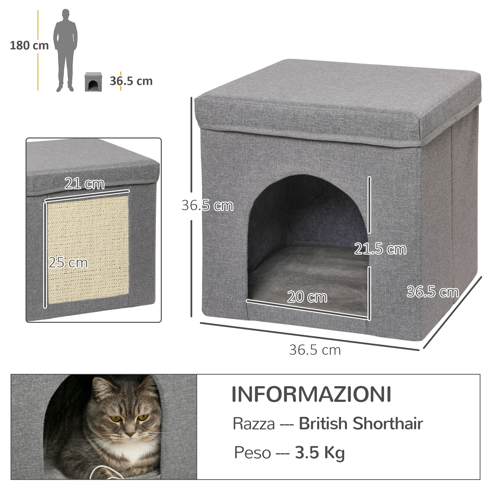 Cuccia per Gatti Pieghevole a Cubo con Cuscino e Tiragraffi 36.5x36.5x36.5 cm Grigio