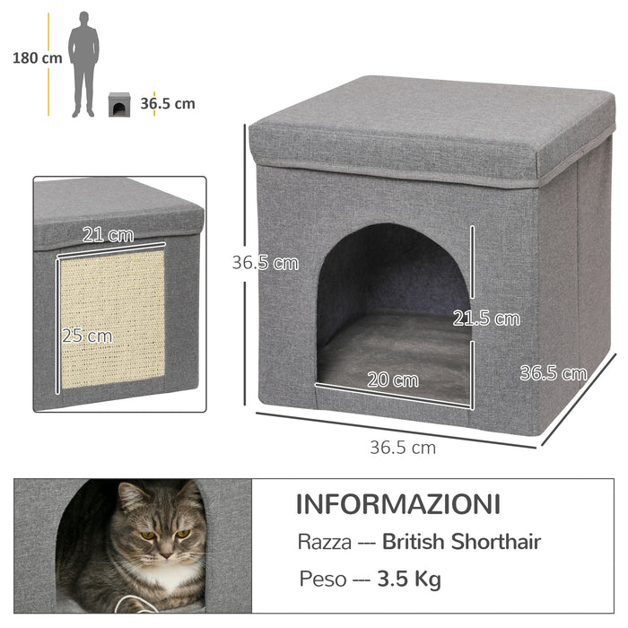 Cuccia per Gatti Pieghevole a Cubo con Cuscino e Tiragraffi 36.5x36.5x36.5 cm Grigio