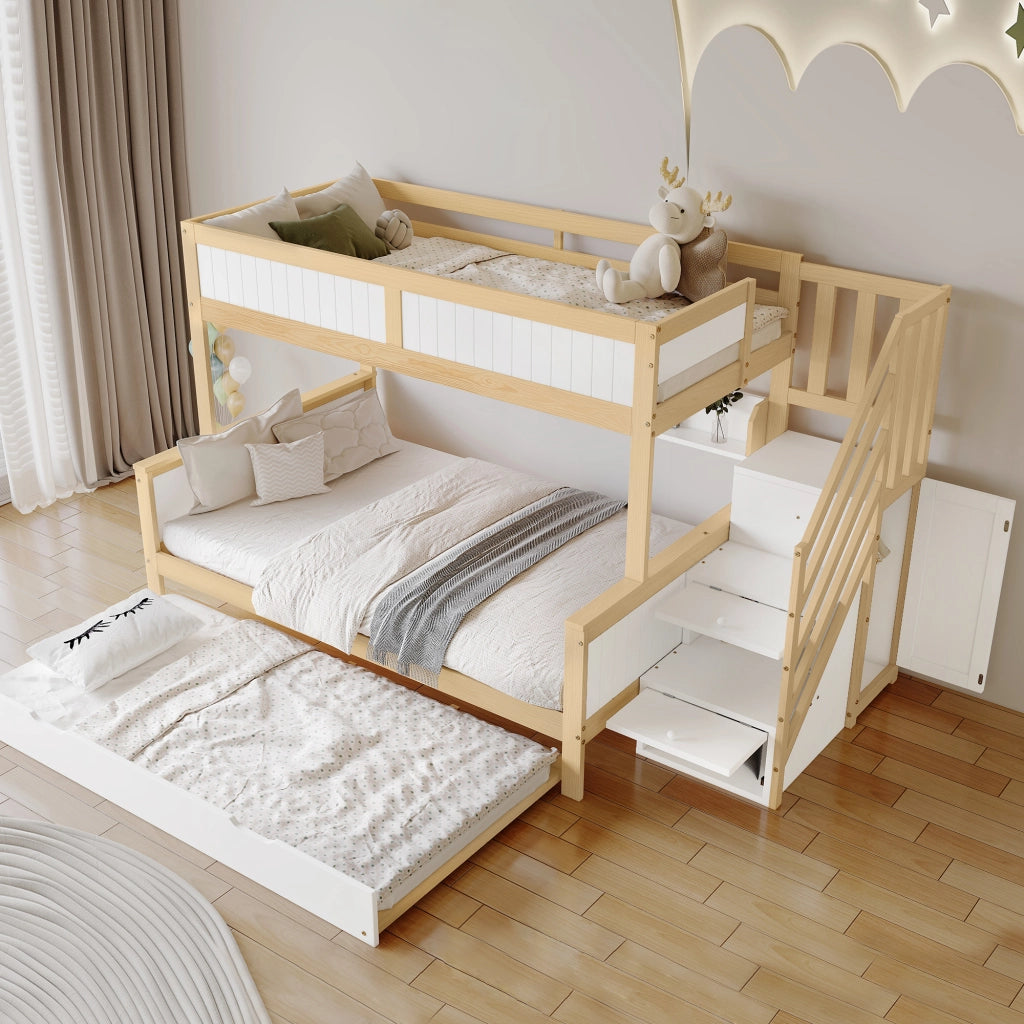 Letto a Castello; Letto Singolo 90x200 cm e 120x200 cm con estraibile; armadio e scala