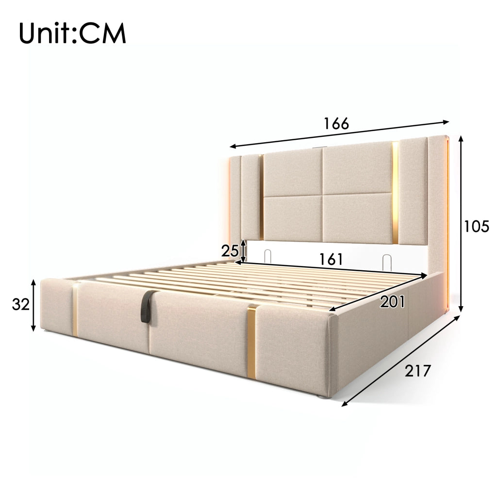 Letto matrimoniale imbottito 160x200 cm beige in lino con LED RGB; USB e USB-C; contenitore