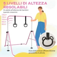 Sbarra Ginnastica Artistica per Bambini ad Altezza Regolabile con 2 Anelli, in Acciaio, 148x105x88-128 cm, Rosa