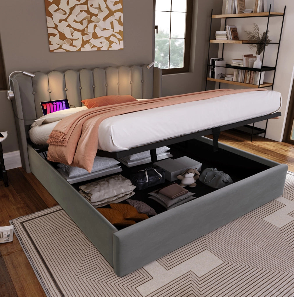 Letto imbottito 140x200 cm con LED da lettura, USB e contenitore
