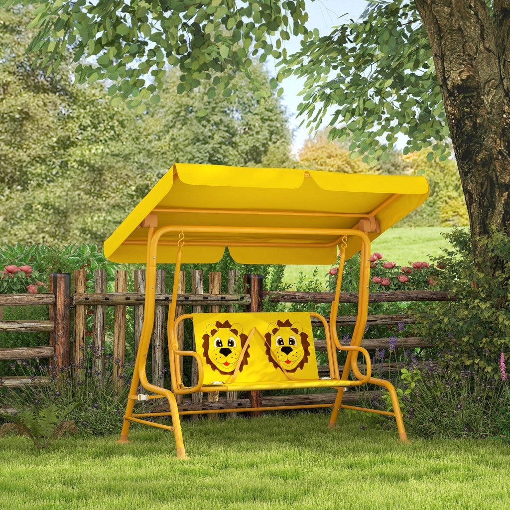 Dondolo per Bambini da Esterno a 2 Posti con Tettuccio Regolabile e Cinture di Sicurezza, 112x75x120 cm, Giallo